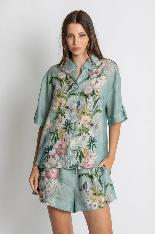 Kachel Eva Short Sleeve Shirt in Sage Amour green floral linen - front view
