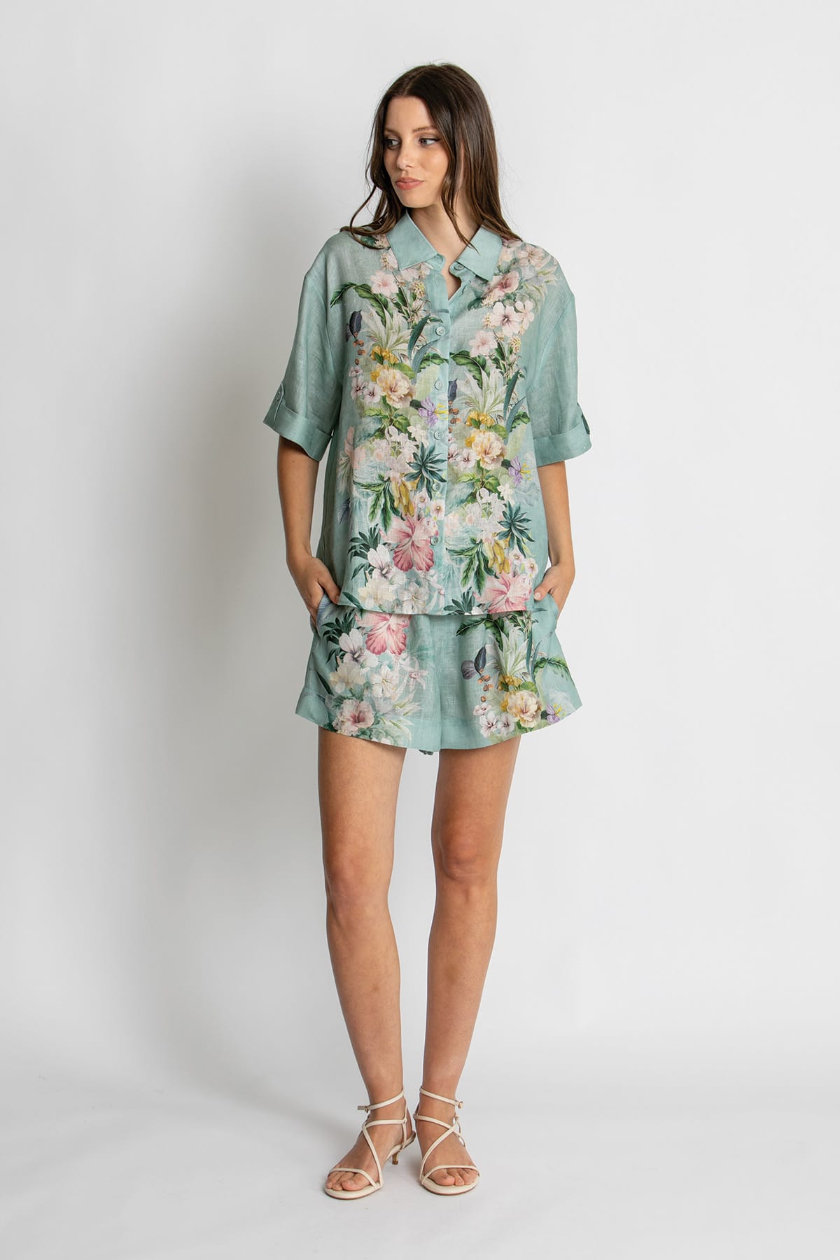Kachel Eva Short Sleeve Shirt in Sage Amour green floral linen - back view