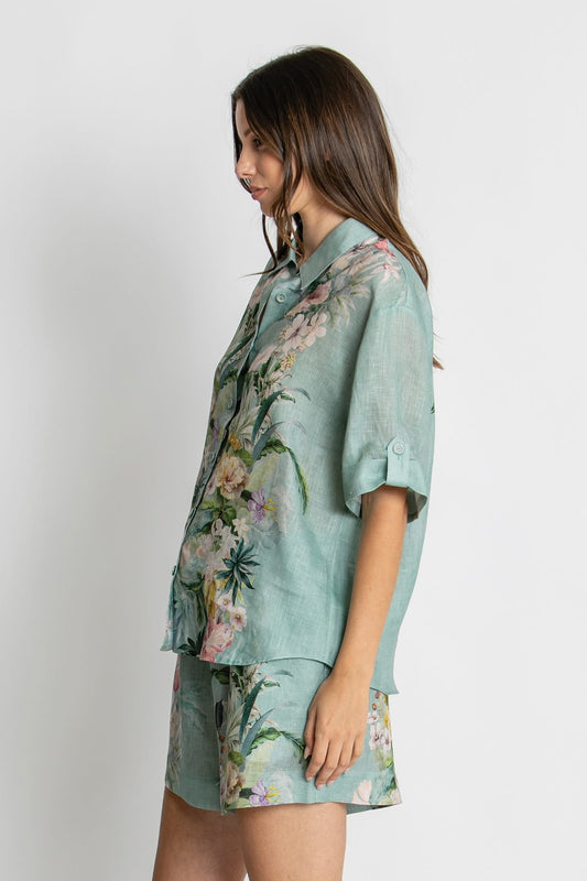 Kachel Eva Short Sleeve Shirt in Sage Amour green floral linen