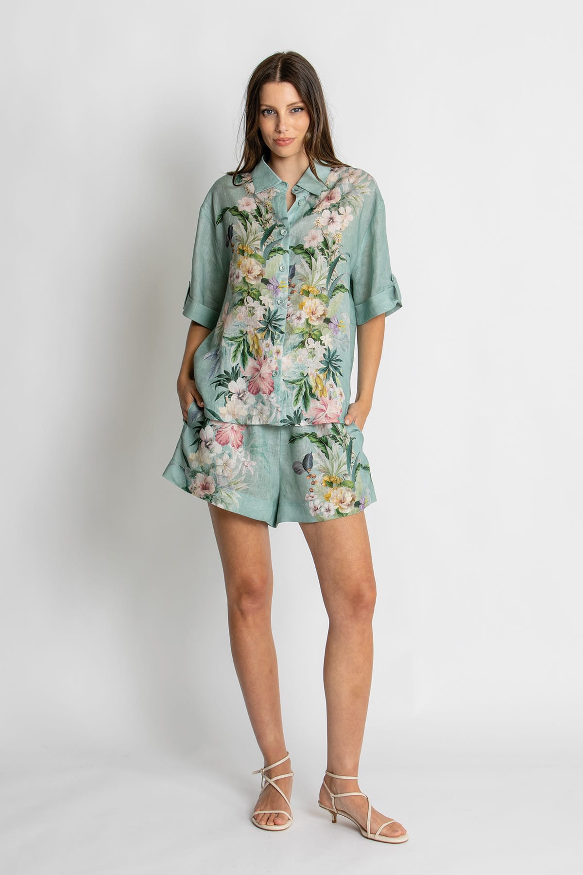 Kachel Eva Short Sleeve Shirt in Sage Amour green floral linen