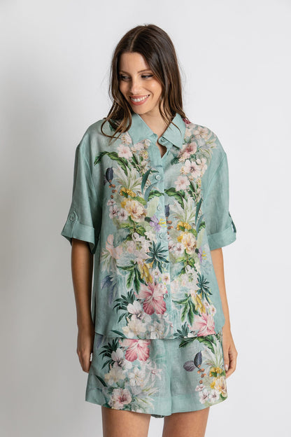 Kachel Eva Short Sleeve Shirt in Sage Amour green floral linen - detail