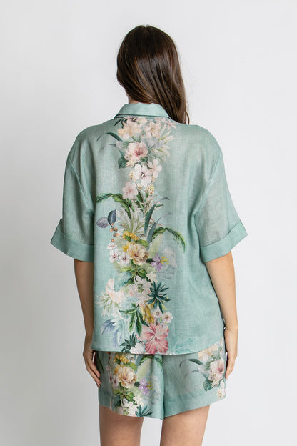 Kachel Eva Short Sleeve Shirt in Sage Amour green floral linen
