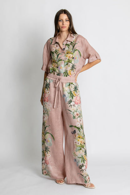 Kachel Harper Pant in Fleur Amour pink floral linen - detail