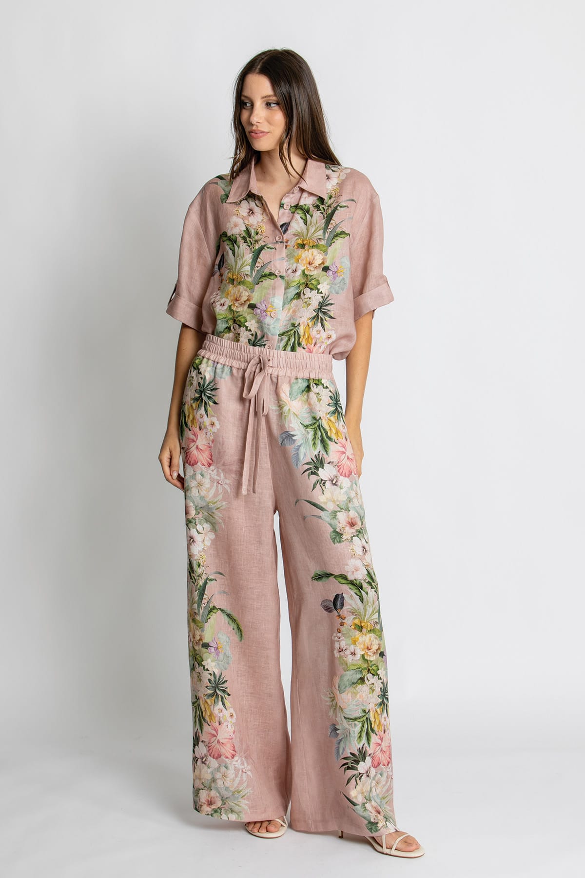 Kachel Harper Pant in Fleur Amour pink floral linen - front view