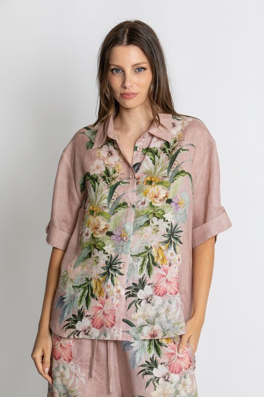 Kachel Luna Short Sleeve Shirt in Fleur Amour pink floral - front view