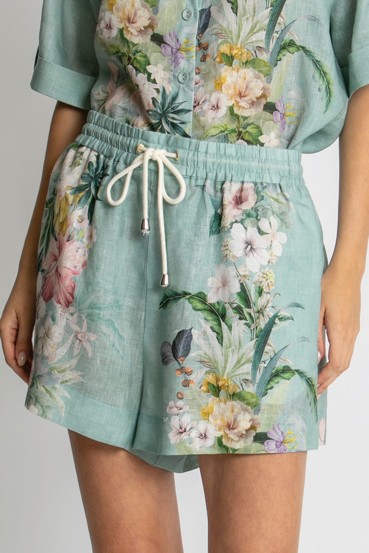 Kachel Nina Short in Sage Amour green floral linen - back view