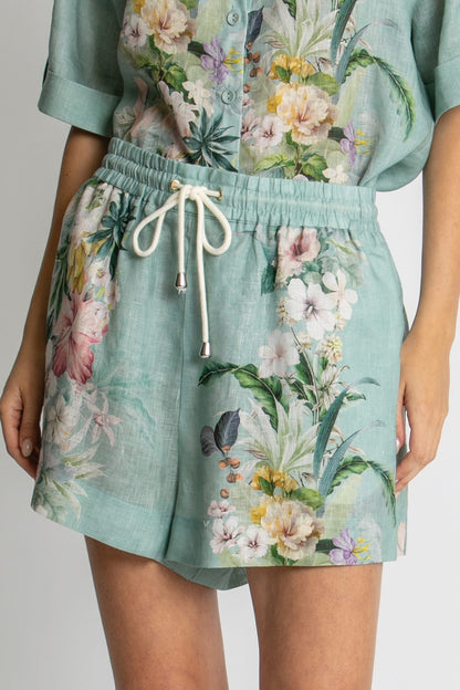 Kachel Nina Short in Sage Amour green floral linen - back view