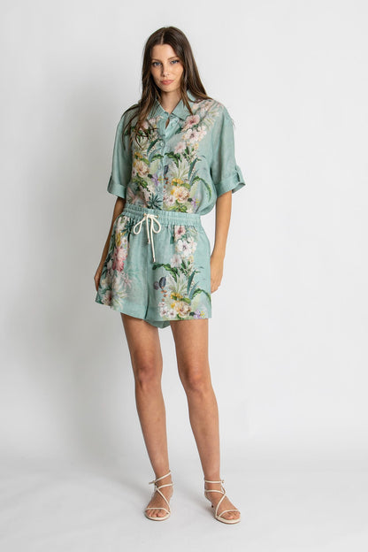 Kachel Nina Short in Sage Amour green floral linen - detail