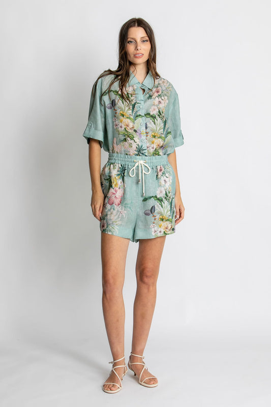 Kachel Nina Short in Sage Amour green floral linen - front view
