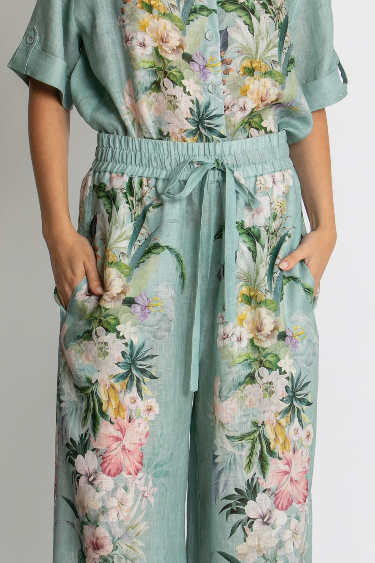 Kachel Sienna Pant in Sage Amour green floral linen - back view