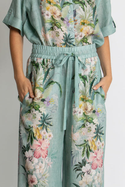 Kachel Sienna Pant in Sage Amour green floral linen - back view