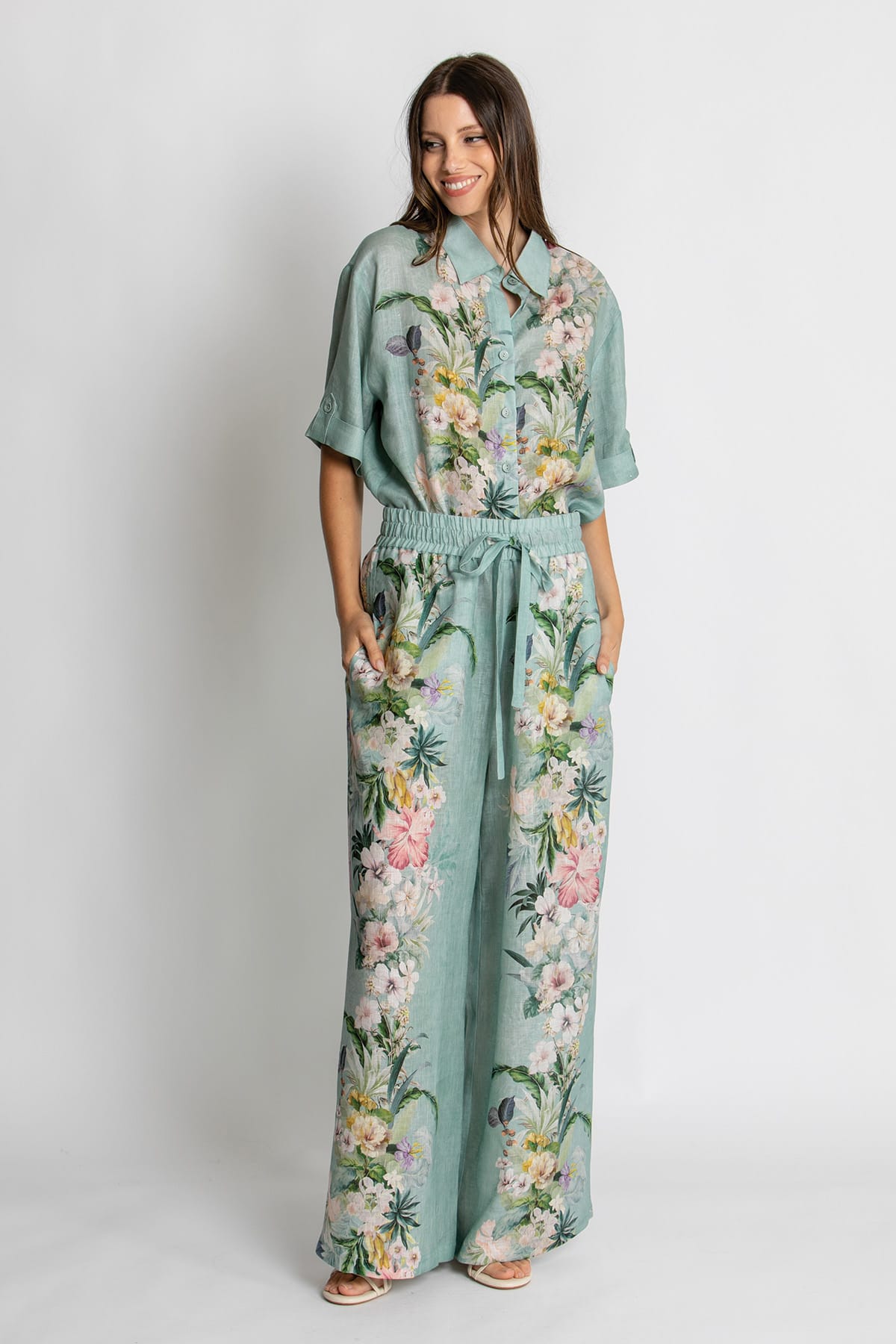 Kachel Sienna Pant in Sage Amour green floral linen - detail