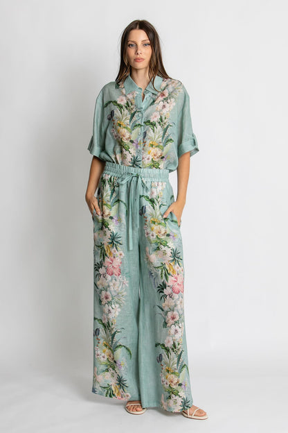 Kachel Sienna Pant in Sage Amour green floral linen - front view