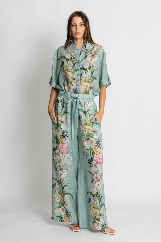 Kachel Sienna Pant in Sage Amour green floral linen - front view