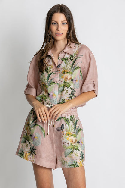 Kachel Sophia Short in Fleur Amour pink floral linen - back view