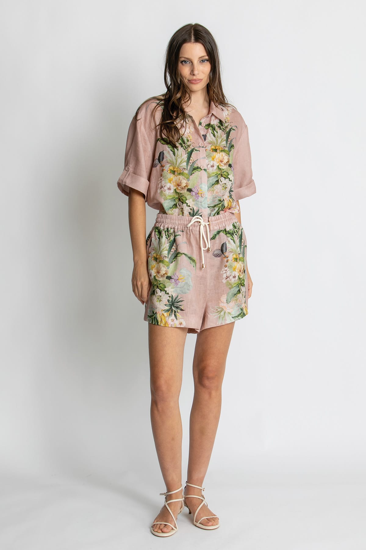 Kachel Sophia Short in Fleur Amour pink floral linen - front view
