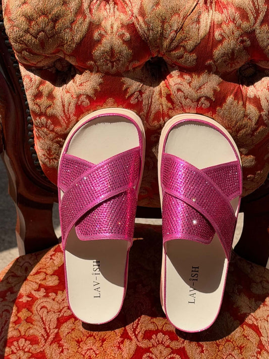 LAV-ISH Crossover Slides in fuchsia, pair from above