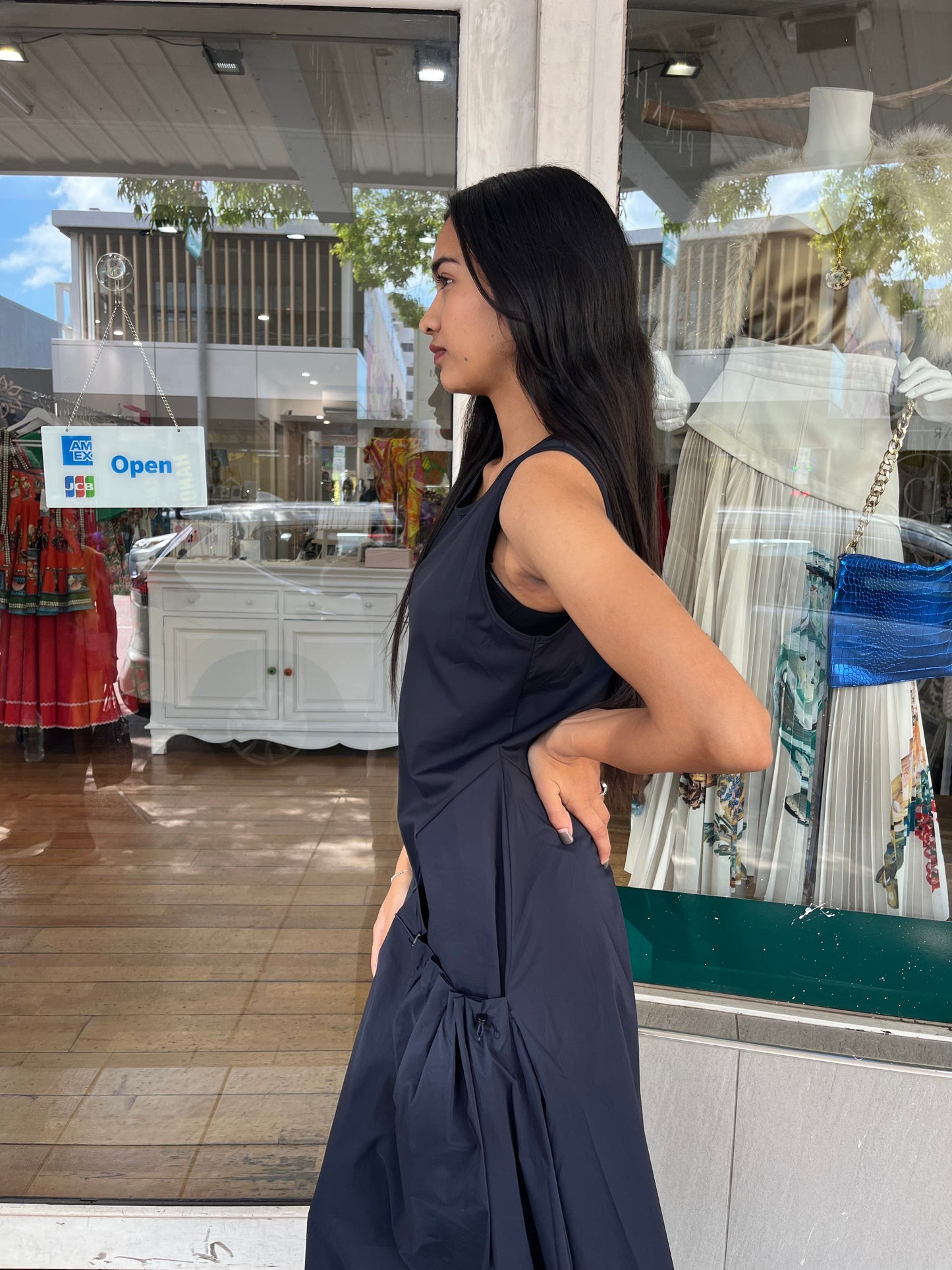 Lounge Tech Stretch A.Line Pocket Detail Sleeveless Midi Dress Ques Sea