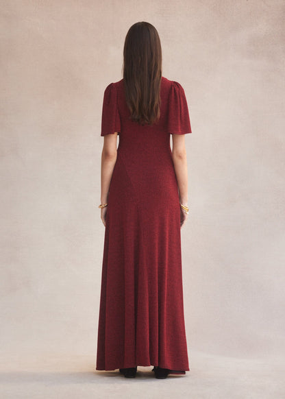 Luxe De Valentina V-neck Fluted Como Maxi Dress | Red Lamè - Pinkhill -  - [] - Darwin boutique - Australian fashion design - Darwin Fashion - Australian Fashion Designer - Australian Fashion Designer Brands - Australian Fashion Design 