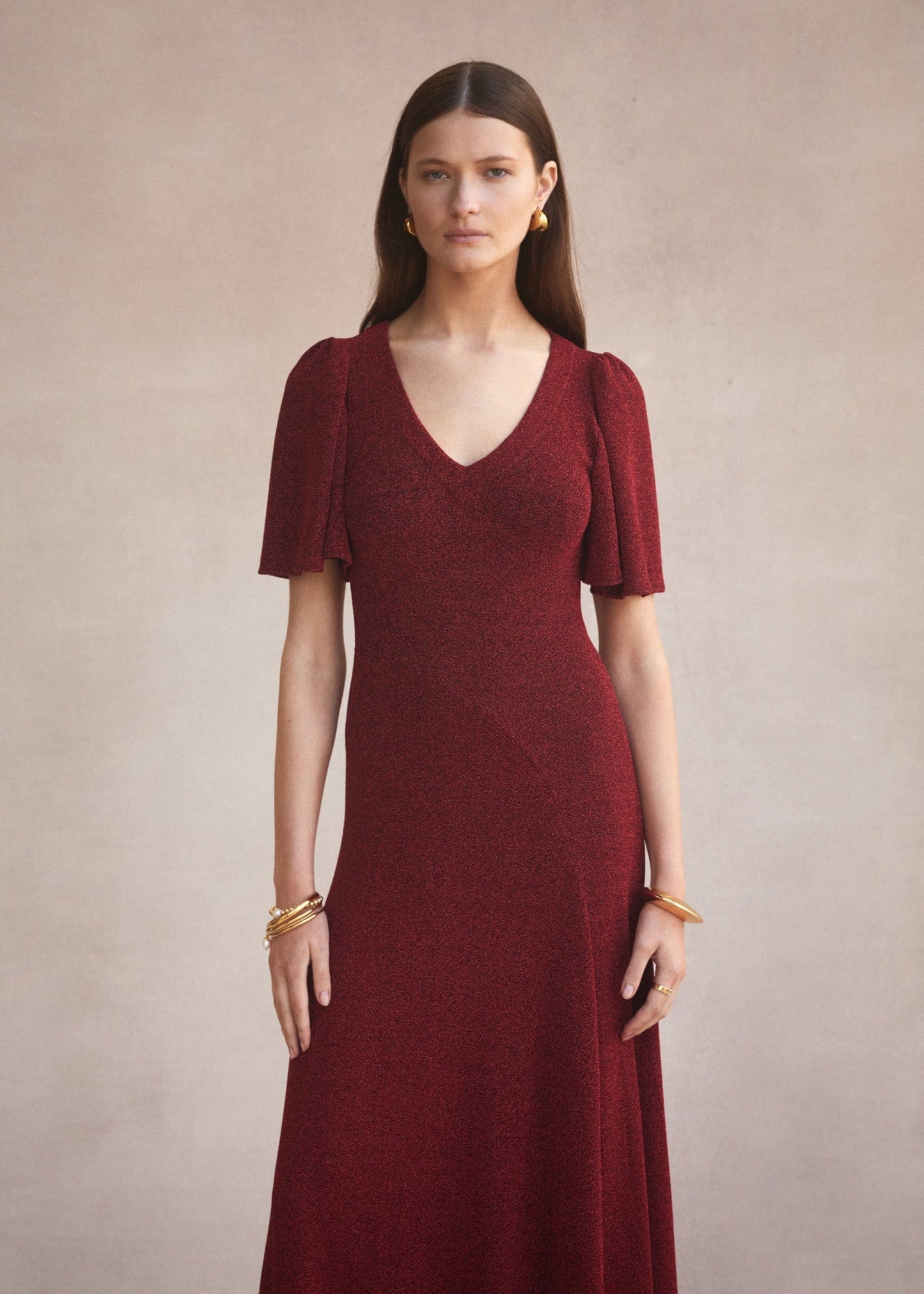 Luxe De Valentina V-neck Fluted Como Maxi Dress | Red Lamè - Pinkhill -  - [] - Darwin boutique - Australian fashion design - Darwin Fashion - Australian Fashion Designer - Australian Fashion Designer Brands - Australian Fashion Design 