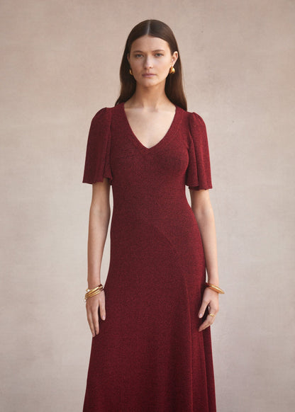 Luxe De Valentina V-neck Fluted Como Maxi Dress | Red Lamè - Pinkhill -  - [] - Darwin boutique - Australian fashion design - Darwin Fashion - Australian Fashion Designer - Australian Fashion Designer Brands - Australian Fashion Design 