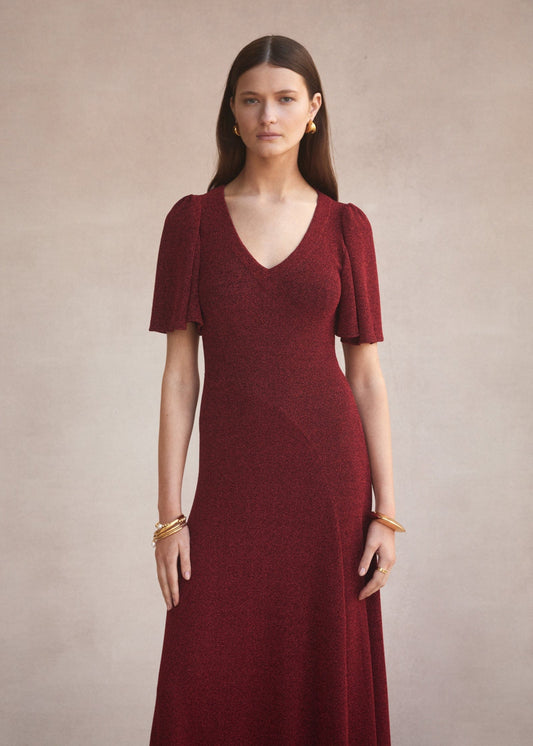 Luxe De Valentina V-neck Fluted Como Maxi Dress | Red Lamè - Pinkhill -  - [] - Darwin boutique - Australian fashion design - Darwin Fashion - Australian Fashion Designer - Australian Fashion Designer Brands - Australian Fashion Design 