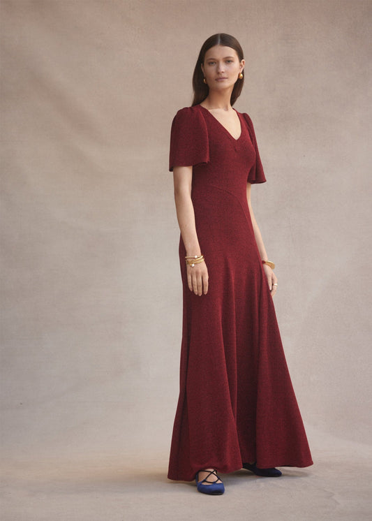 Luxe De Valentina V-neck Fluted Como Maxi Dress | Red Lamè - Pinkhill -  - [] - Darwin boutique - Australian fashion design - Darwin Fashion - Australian Fashion Designer - Australian Fashion Designer Brands - Australian Fashion Design 
