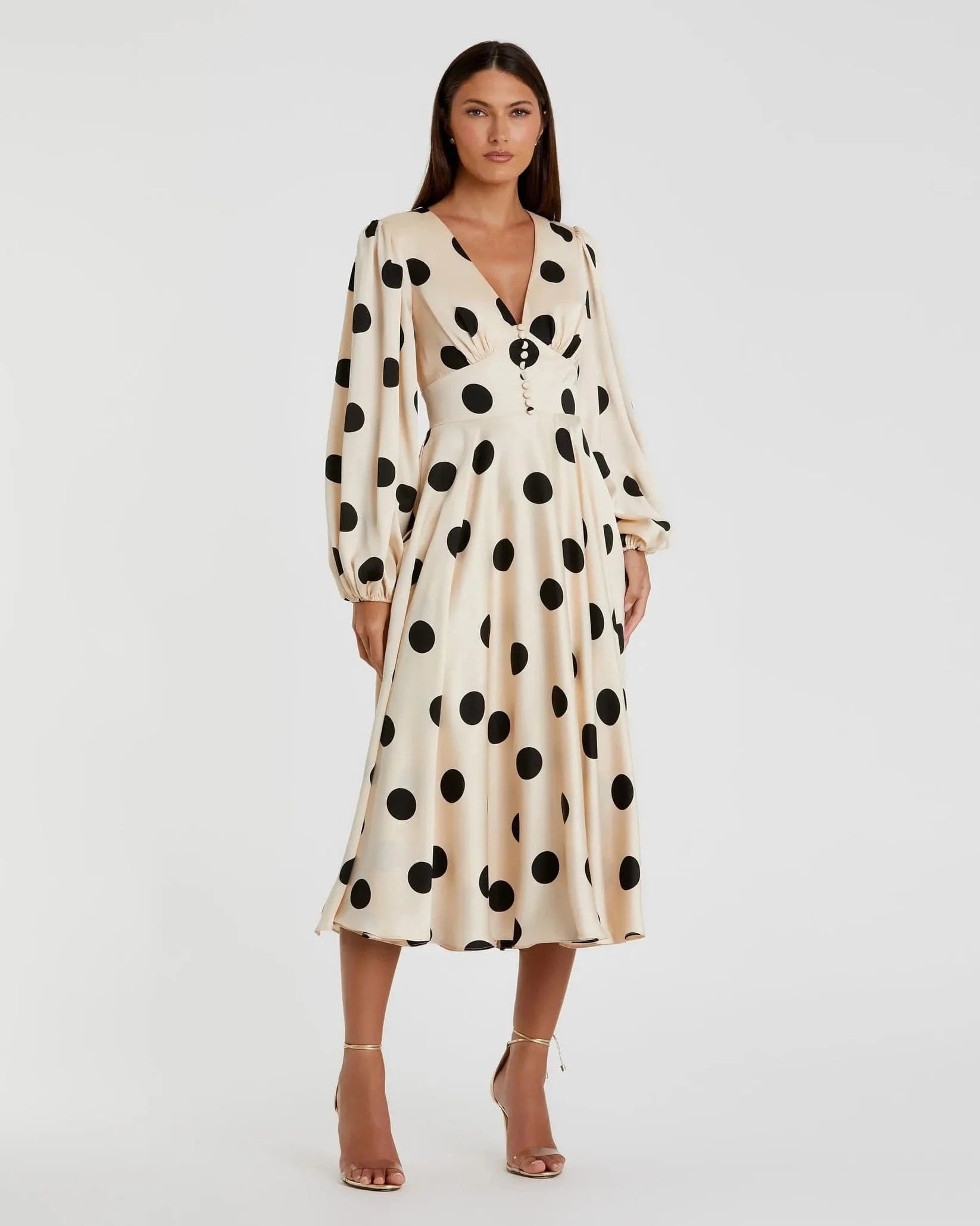 Beige Polka Dot Charmeuse Long Sleeve V Neck Midi Dress - Pinkhill -  -  - Darwin boutique - Australian fashion design - Darwin Fashion - Australian Fashion Designer - Australian Fashion Designer Brands - Australian Fashion Design 