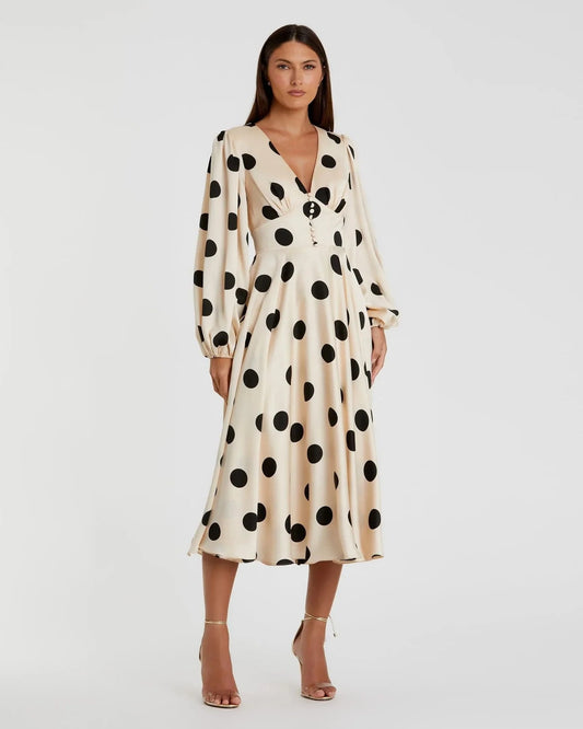 Beige Polka Dot Charmeuse Long Sleeve V Neck Midi Dress - Pinkhill -  -  - Darwin boutique - Australian fashion design - Darwin Fashion - Australian Fashion Designer - Australian Fashion Designer Brands - Australian Fashion Design 
