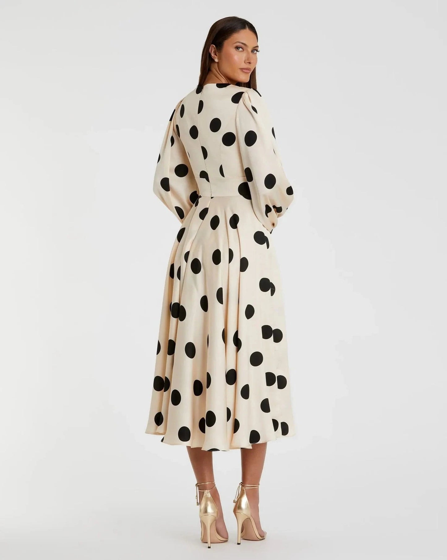 Beige Polka Dot Charmeuse Long Sleeve V Neck Midi Dress - Pinkhill -  -  - Darwin boutique - Australian fashion design - Darwin Fashion - Australian Fashion Designer - Australian Fashion Designer Brands - Australian Fashion Design 
