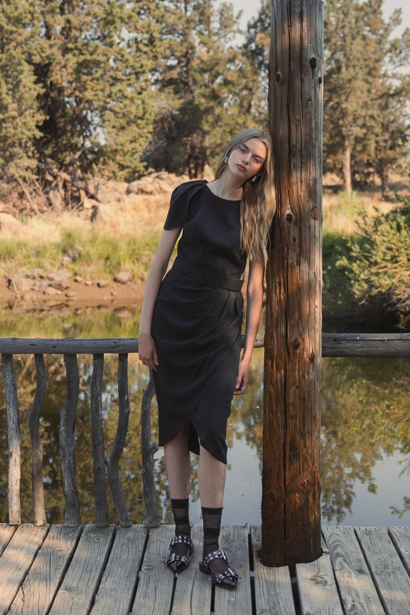 Mac Duggal Black Crepe Boat Neck Midi Tulip Dress With Belt - Pinkhill -  - [] - Darwin boutique - Australian fashion design - Darwin Fashion - Australian Fashion Designer - Australian Fashion Designer Brands - Australian Fashion Design 