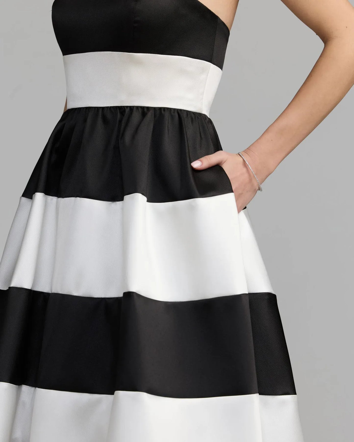 Mac Duggal Black Ivory Striped Strapless Mikado Midi Dress
