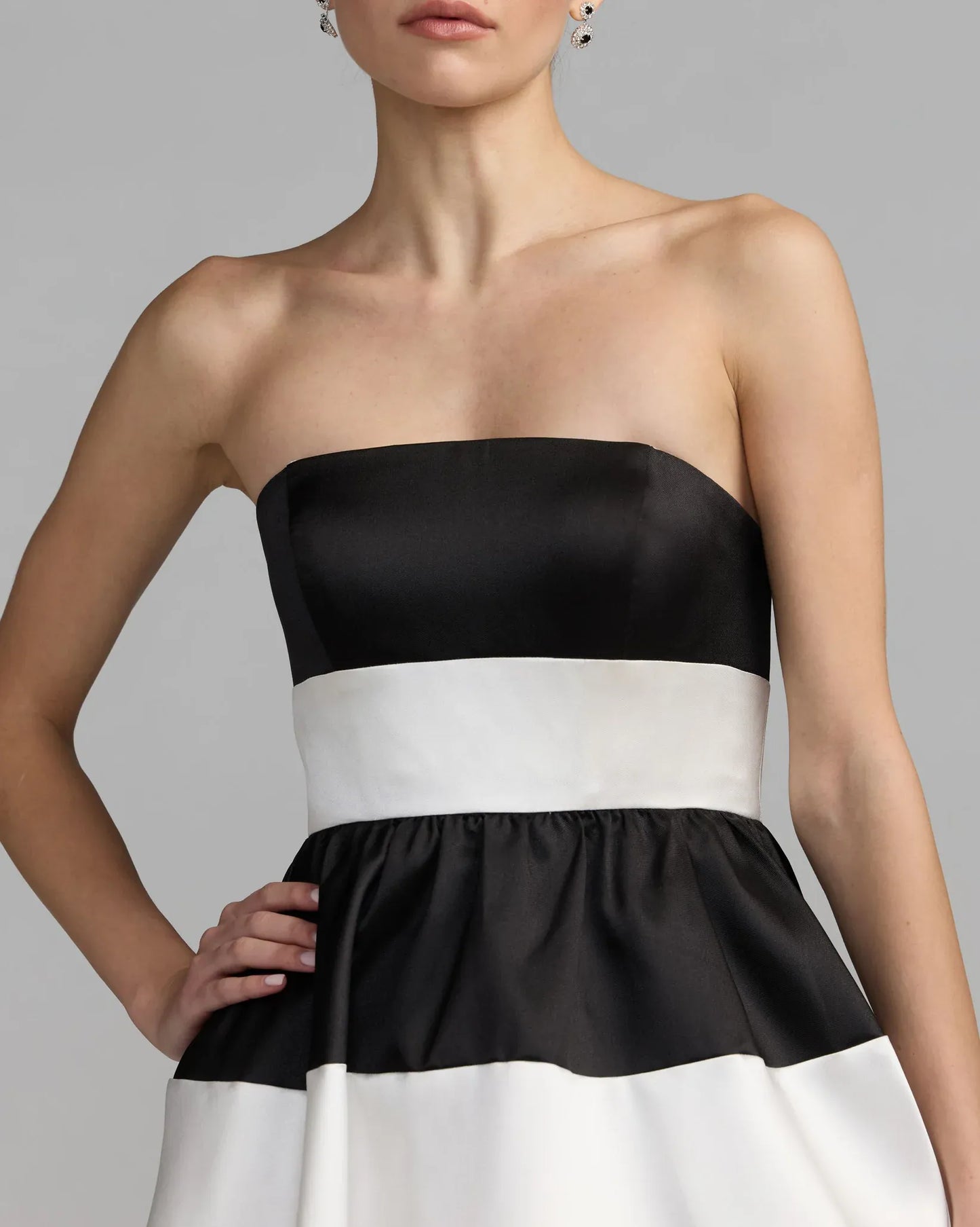 Mac Duggal Black Ivory Striped Strapless Mikado Midi Dress