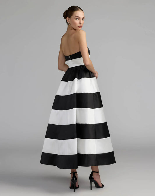 Mac Duggal Black Ivory Striped Strapless Mikado Midi Dress - Pinkhill