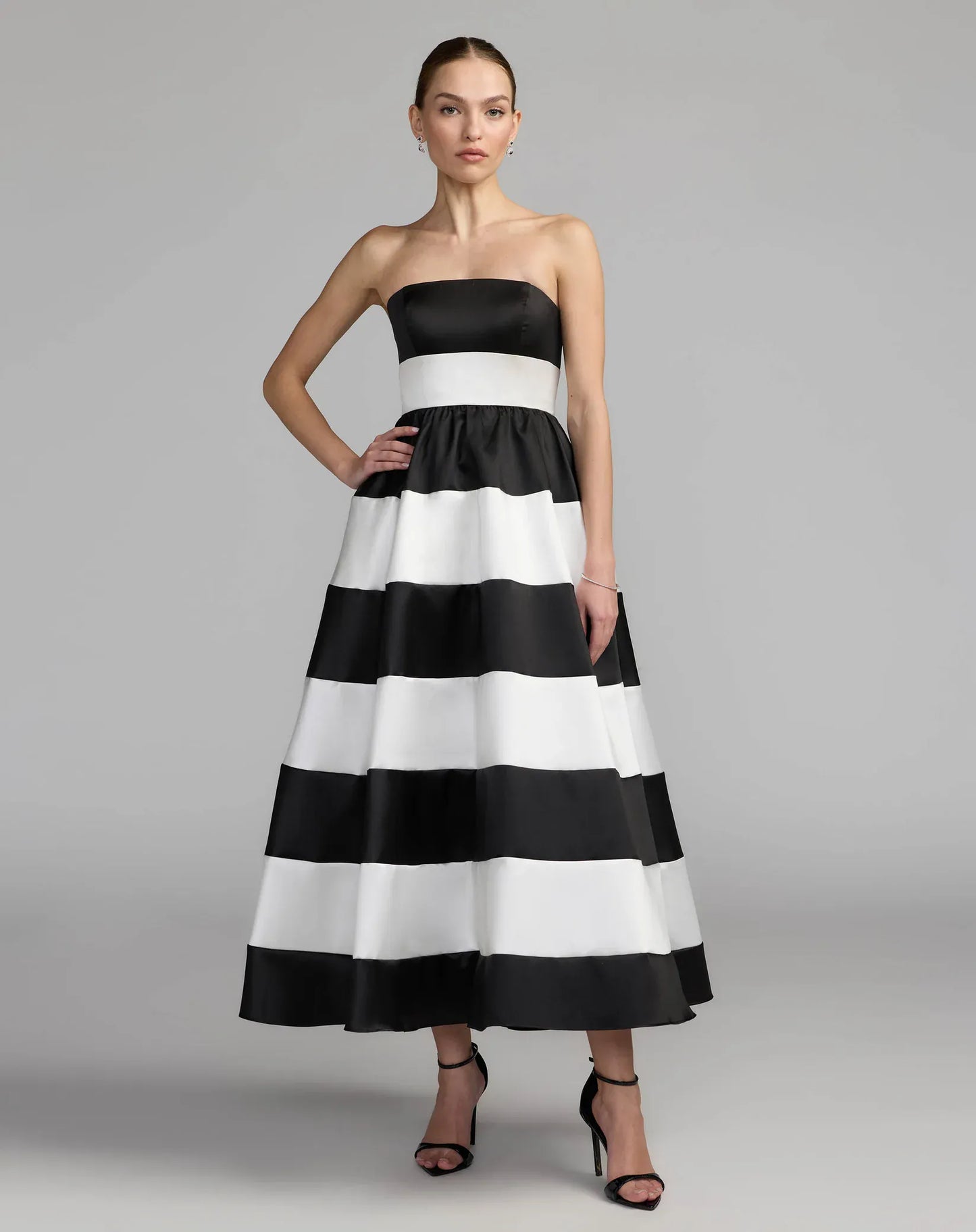 Mac Duggal Black Ivory Striped Strapless Mikado Midi Dress