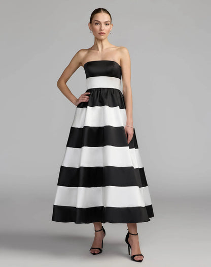 Mac Duggal Black Ivory Striped Strapless Mikado Midi Dress