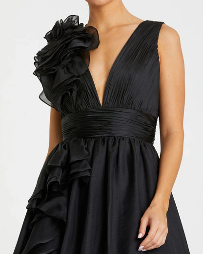 Mac Duggal Black Ruffle Shoulder V-Neck Chiffon Gown - Pinkhill -  - [] - Darwin boutique - Australian fashion design - Darwin Fashion - Australian Fashion Designer - Australian Fashion Designer Brands - Australian Fashion Design 