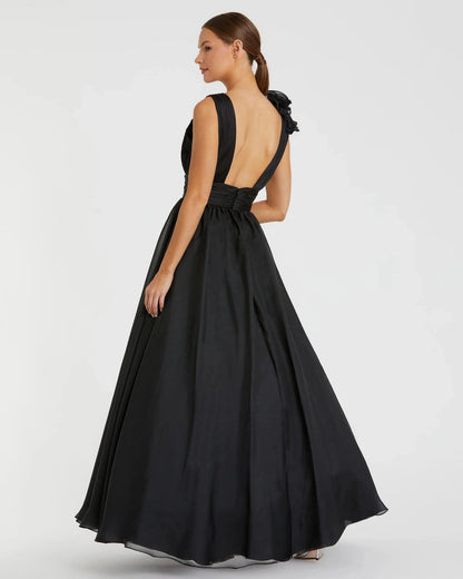 Mac Duggal Black Ruffle Shoulder V-Neck Chiffon Gown - Pinkhill -  - [] - Darwin boutique - Australian fashion design - Darwin Fashion - Australian Fashion Designer - Australian Fashion Designer Brands - Australian Fashion Design 