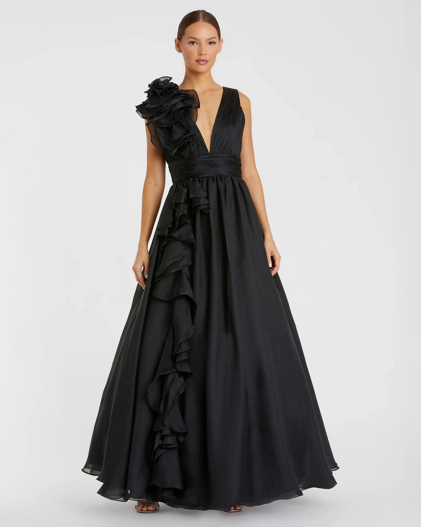 Mac Duggal Black Ruffle Shoulder V-Neck Chiffon Gown - Pinkhill -  - [] - Darwin boutique - Australian fashion design - Darwin Fashion - Australian Fashion Designer - Australian Fashion Designer Brands - Australian Fashion Design 