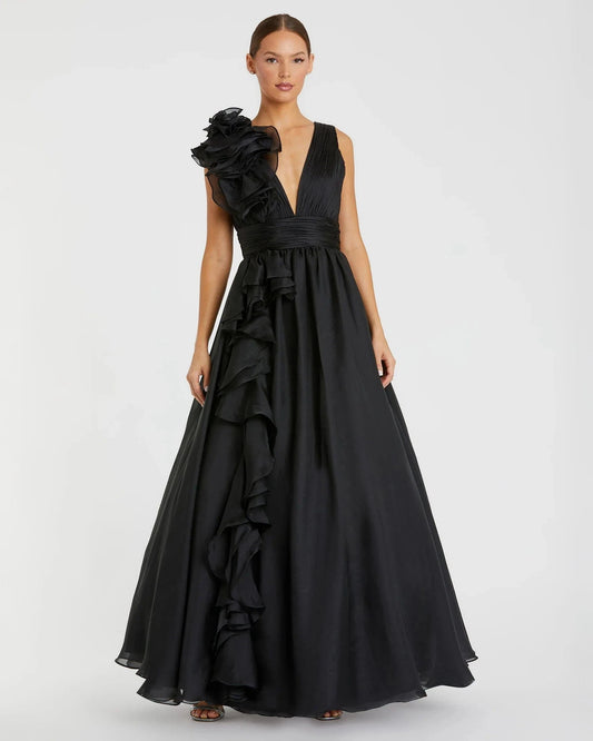 Mac Duggal Black Ruffle Shoulder V-Neck Chiffon Gown - Pinkhill -  - [] - Darwin boutique - Australian fashion design - Darwin Fashion - Australian Fashion Designer - Australian Fashion Designer Brands - Australian Fashion Design 