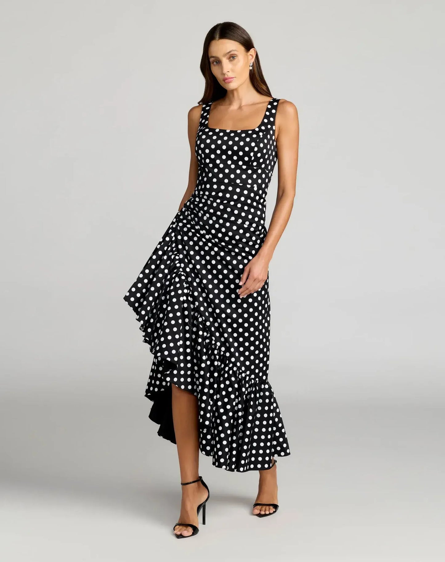 Mac Duggal Black Sleeveless Polka Dot Midi Dress With Ruffled Hem