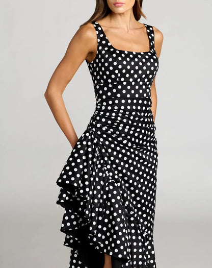 Mac Duggal Black Sleeveless Polka Dot Midi Dress With Ruffled Hem