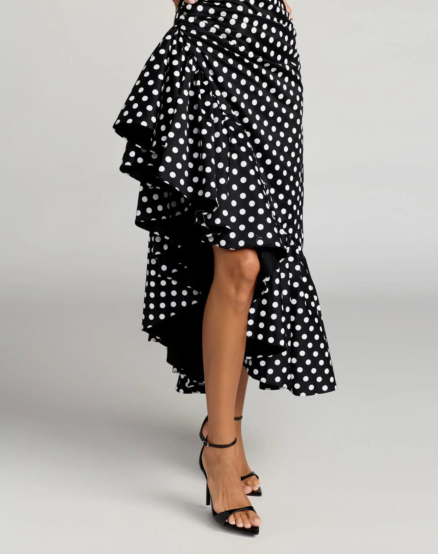 Mac Duggal Black Sleeveless Polka Dot Midi Dress With Ruffled Hem