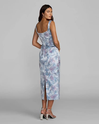 Mac Duggal Blue Floral Square Neck Midi Dress