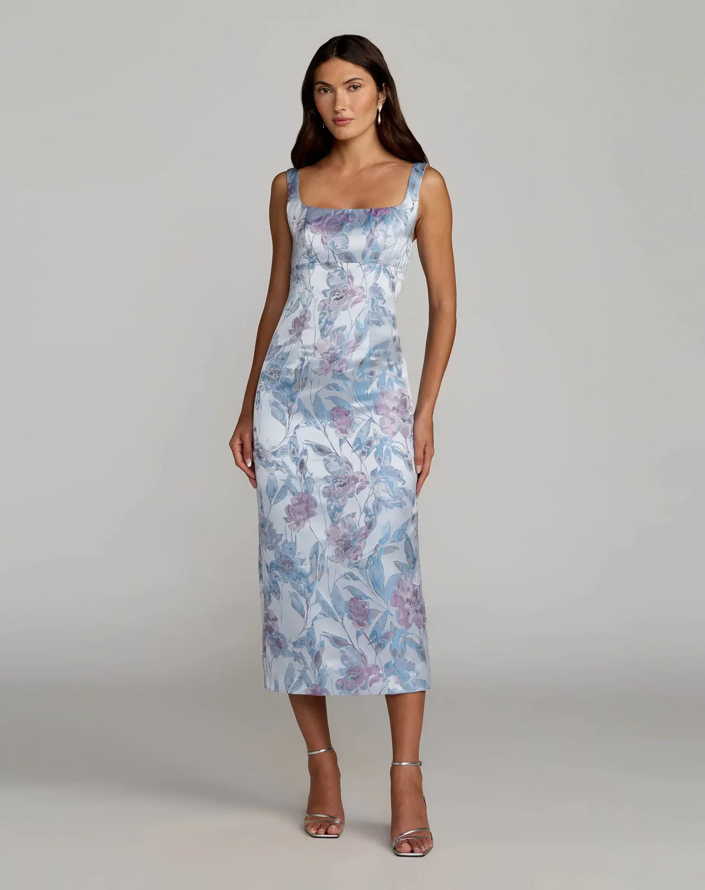 Mac Duggal Blue Floral Square Neck Midi Dress