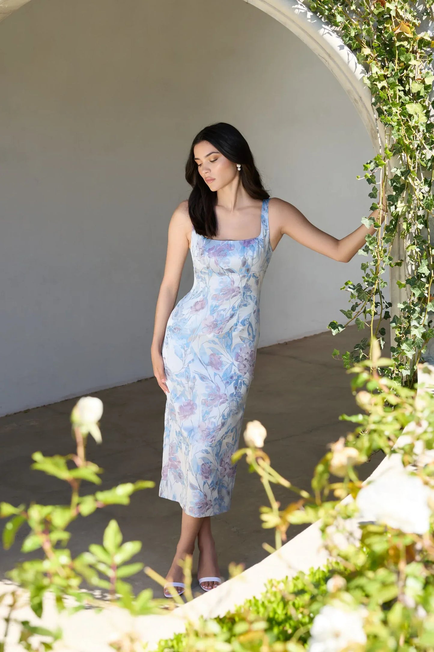 Mac Duggal Blue Floral Square Neck Midi Dress