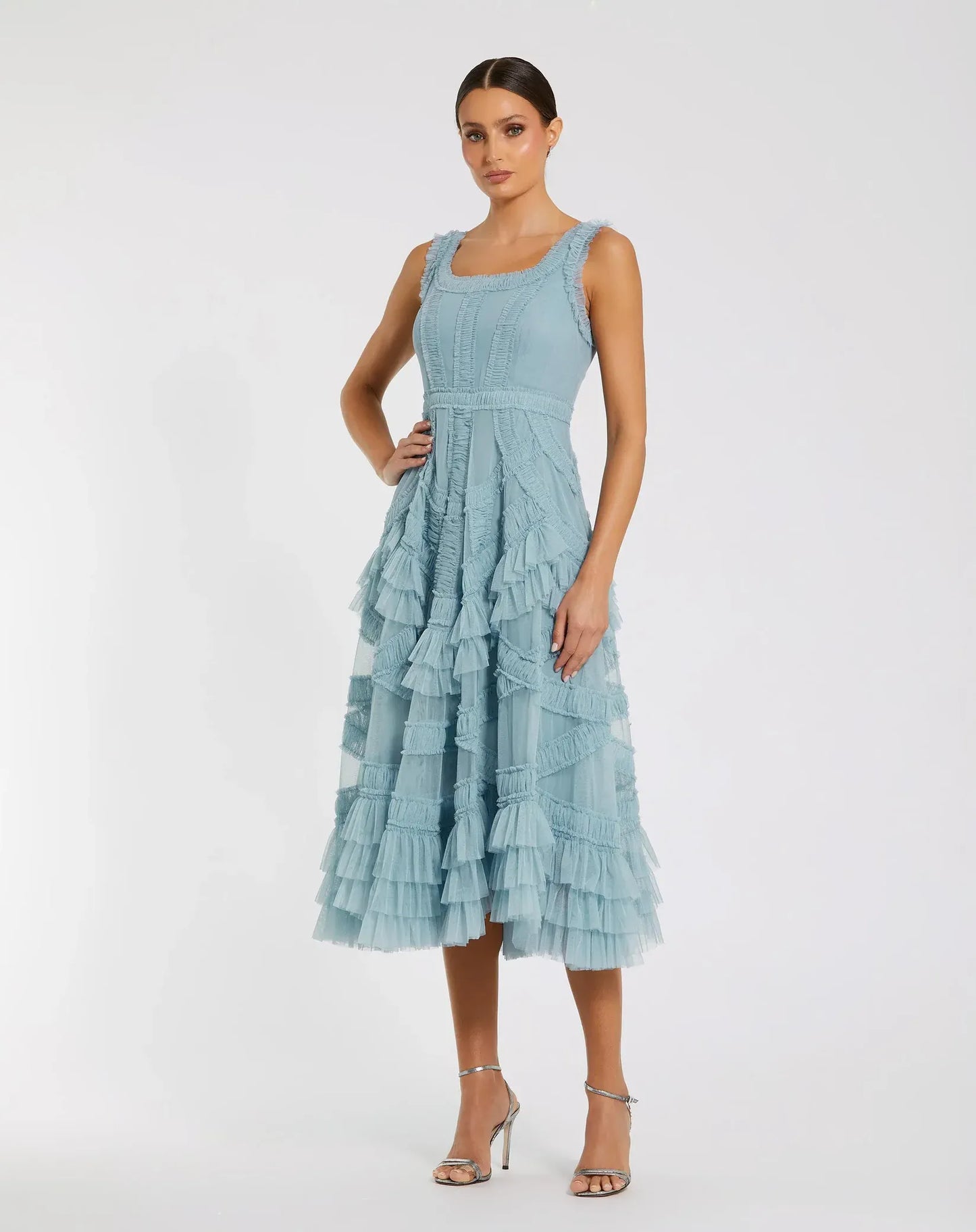 Mac Duggal Blue Scoop Neck Sleeveless A-Line Ruffle Midi Dress