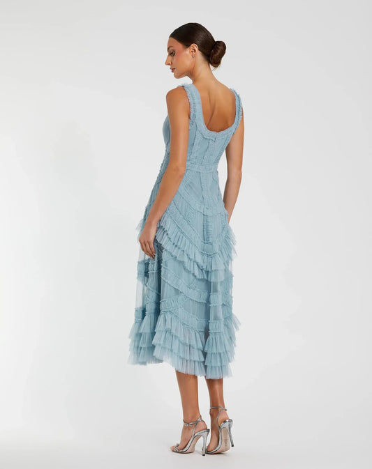 Mac Duggal Blue Scoop Neck Sleeveless A-Line Ruffle Midi Dress - Pinkhill