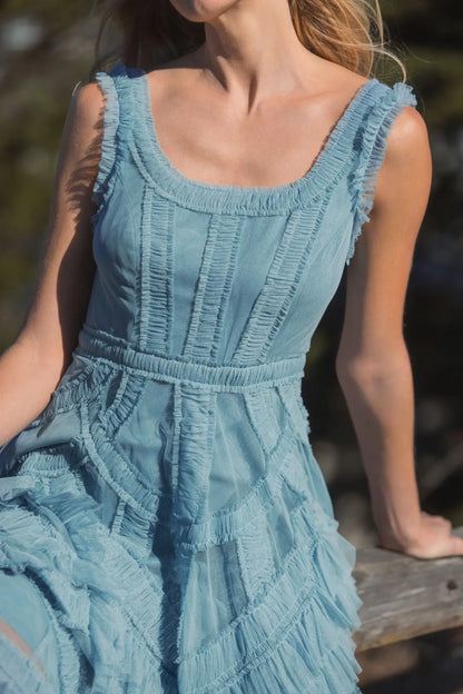 Mac Duggal Blue Scoop Neck Sleeveless A-Line Ruffle Midi Dress