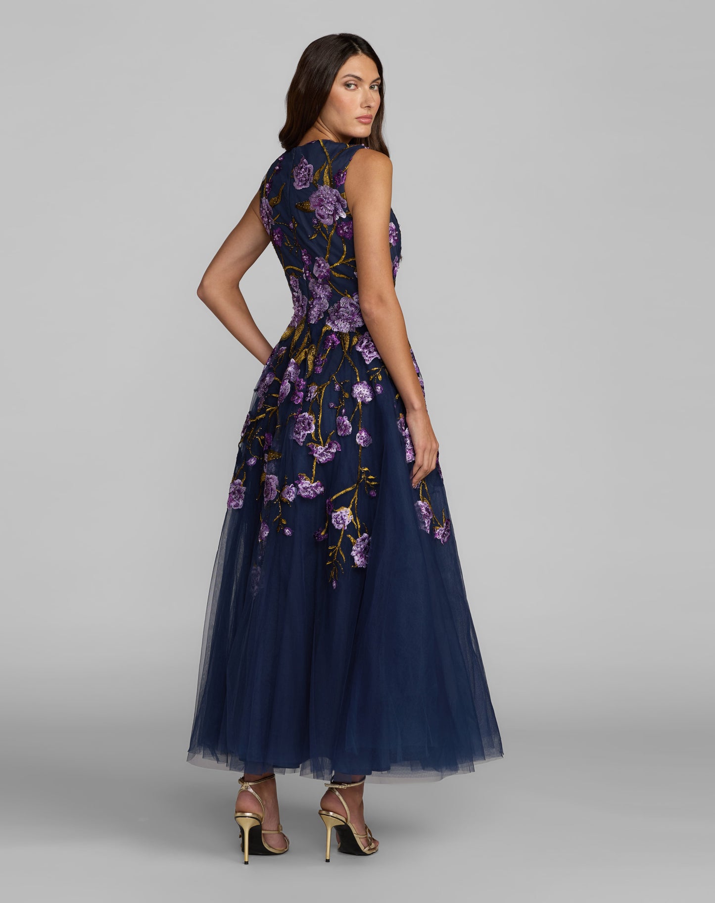 Mac Duggal Brocade Sleeveless Square Neck Midi Dress - Blue Multi
